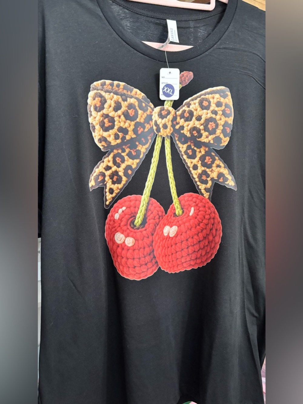 NEW Black Graphic Tee with Red Cherry & Leopard Bow size XXL
